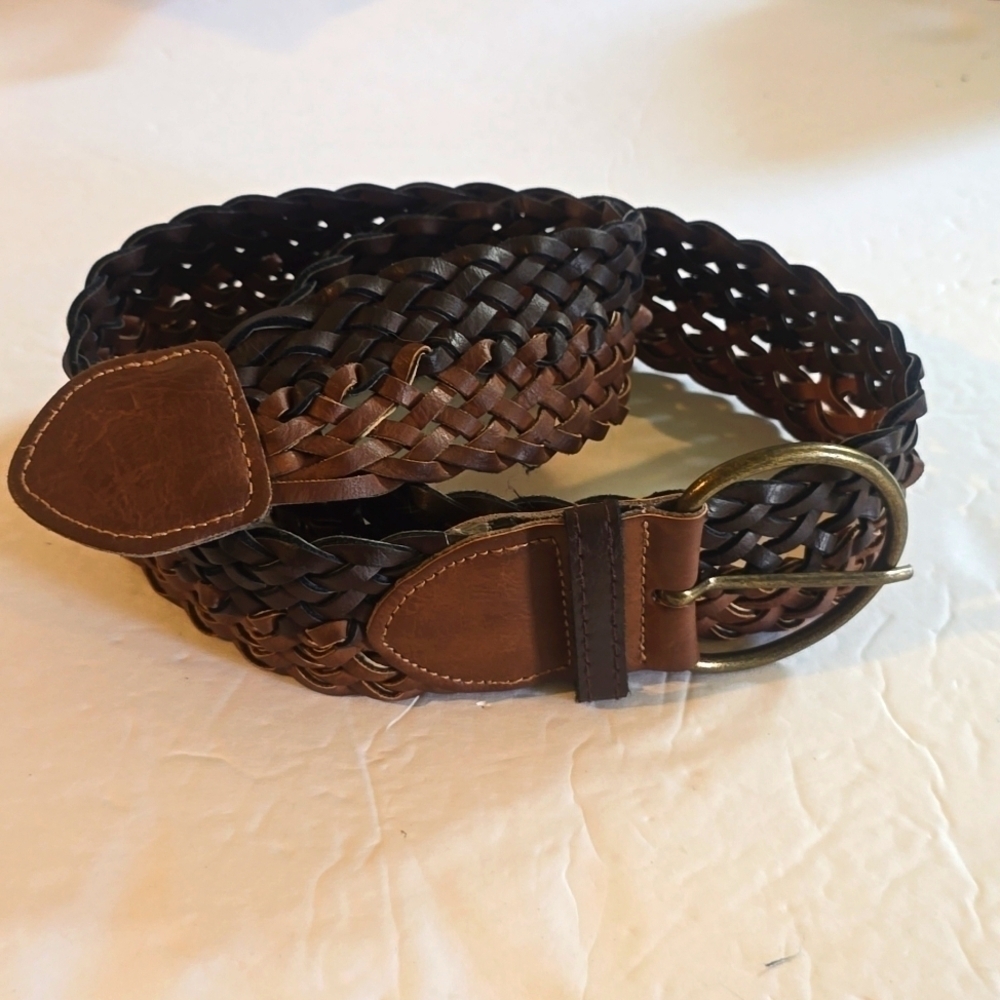 Womens TWO tone Black/Brown Woven leather belt Brass buckle edgy Sz.M/L